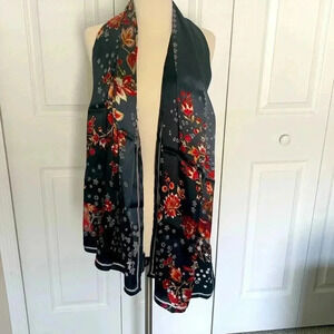 Nanette Lepore 100% silk scarf, dark gray with floral and bird print